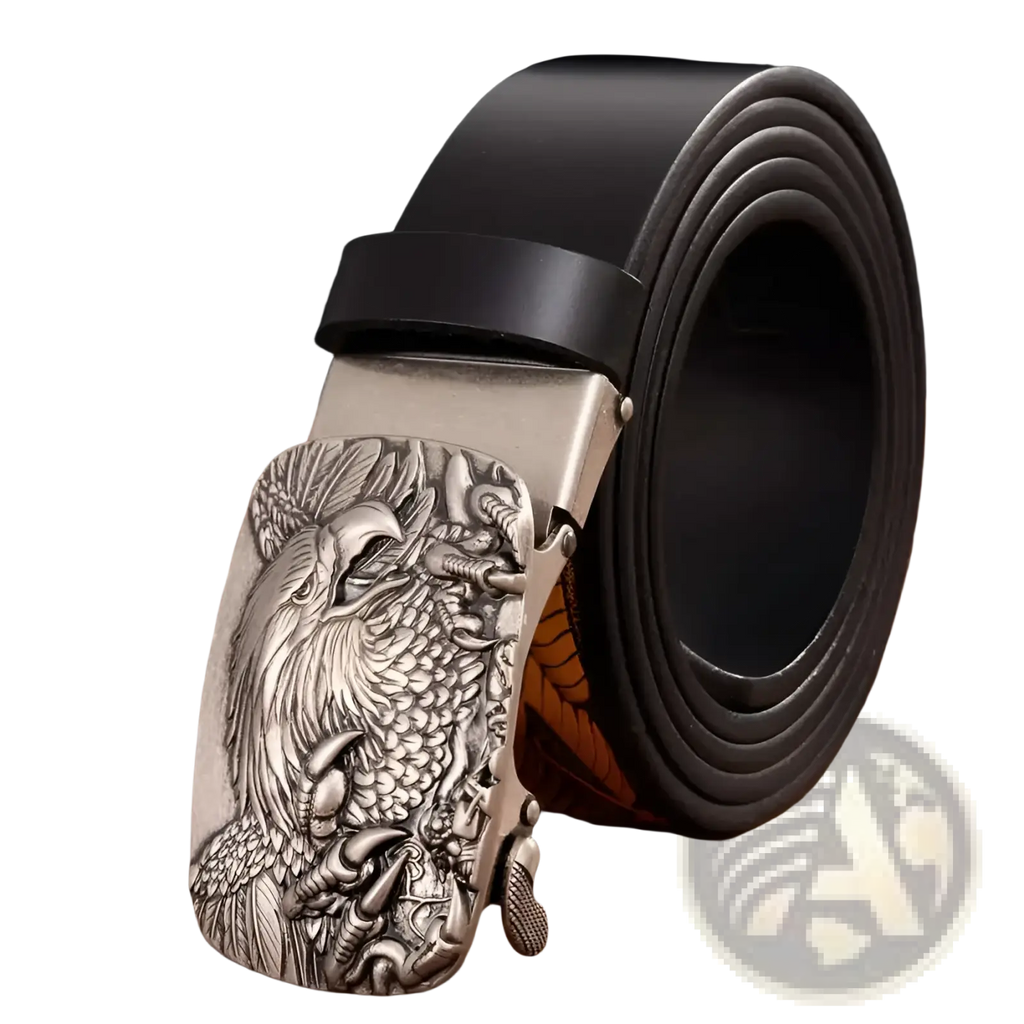 Men’s leather ratchet belt with silver eagle-themed buckle featuring intricate detailing and a black leather strap