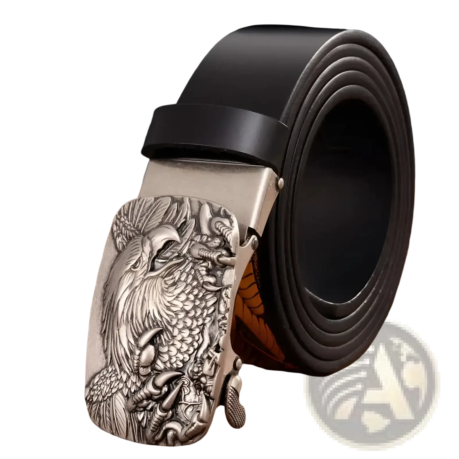 Men’s leather ratchet belt with silver eagle buckle featuring intricate detailing and a black leather strap