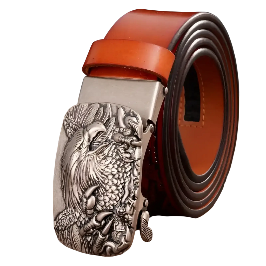 Men’s leather ratchet belt with silver-toned eagle and dragon engraved buckle and tan leather strap