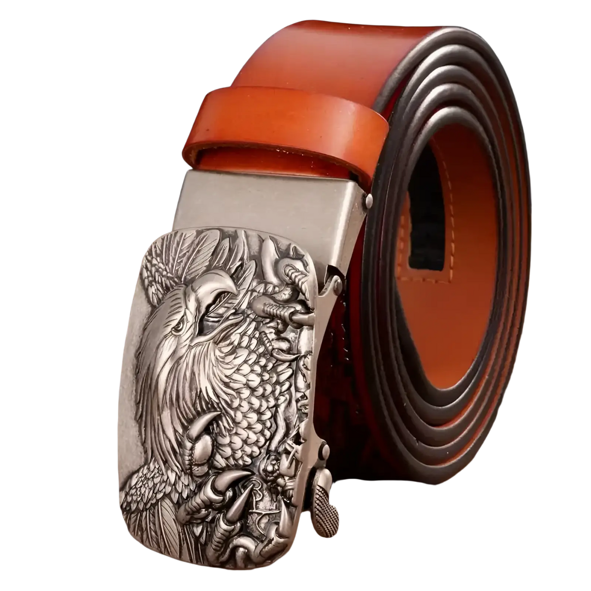 Men’s leather ratchet belt with silver-toned eagle and dragon engraved buckle and tan leather strap