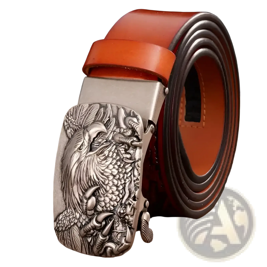 Men’s leather ratchet belt with silver-toned eagle and dragon engraved buckle and tan leather strap