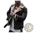 Men’s black leather shearling bomber jacket featuring a plush light brown shearling collar for warmth and style