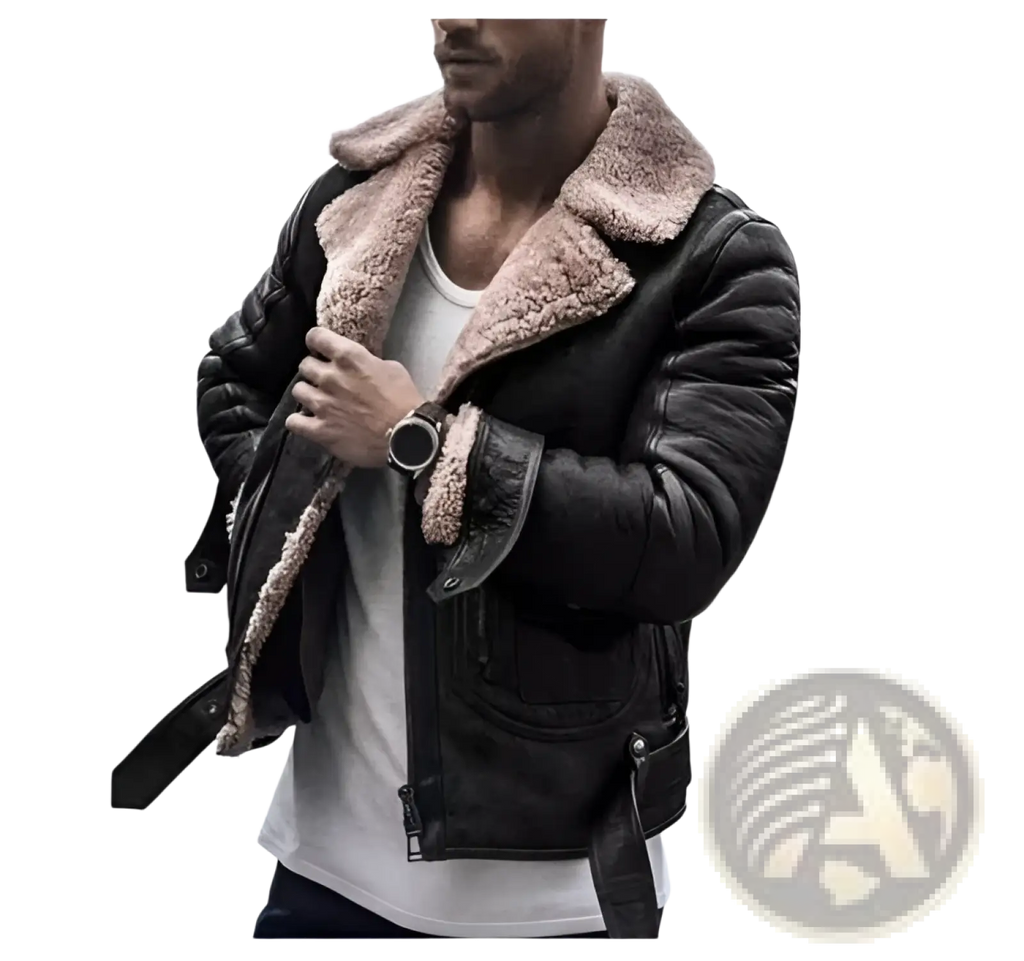 Men’s black leather shearling bomber jacket with plush light brown shearling collar for stylish cold weather wear