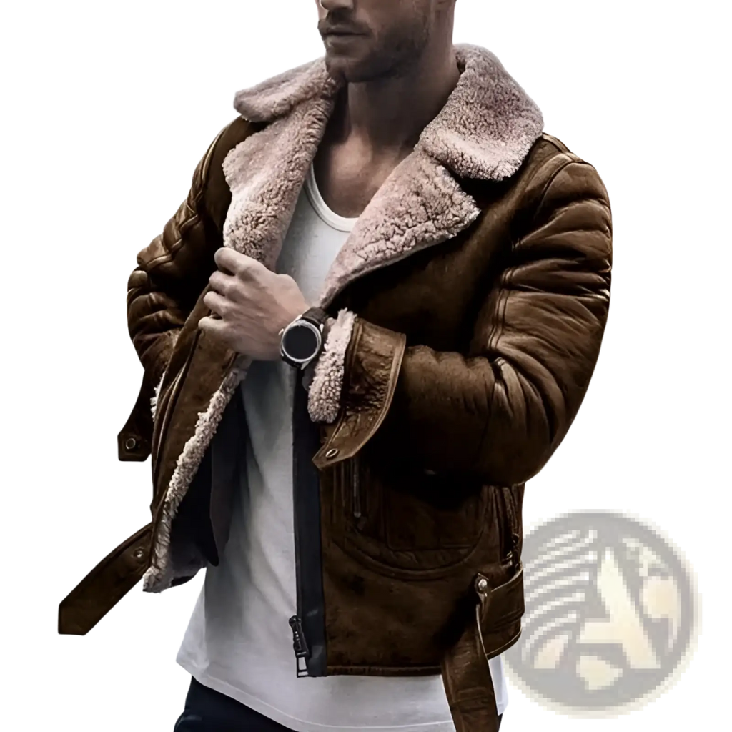 Men’s brown leather shearling bomber jacket with soft plush interior and durable outer material