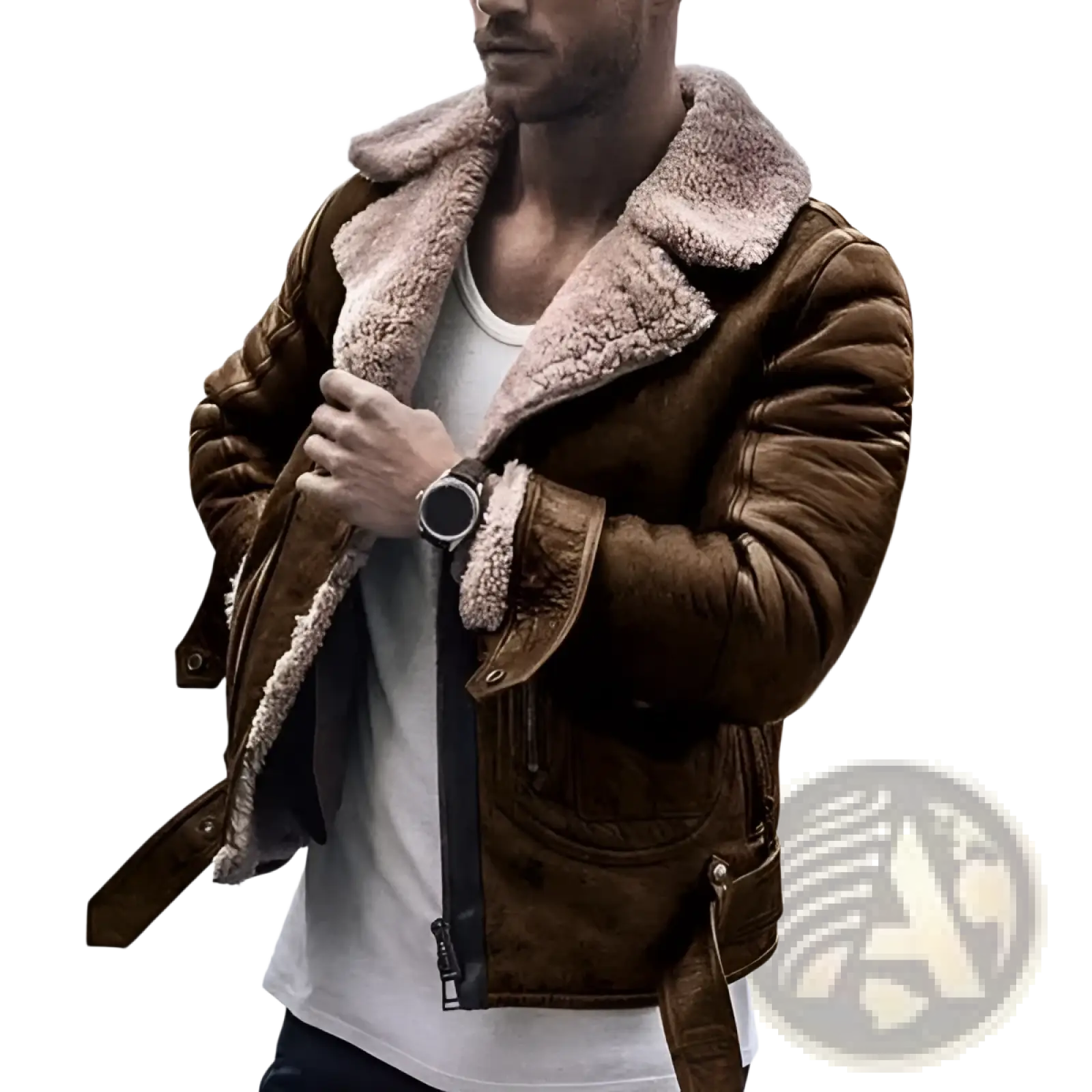 Men’s brown leather shearling bomber jacket with soft plush interior and durable outer material