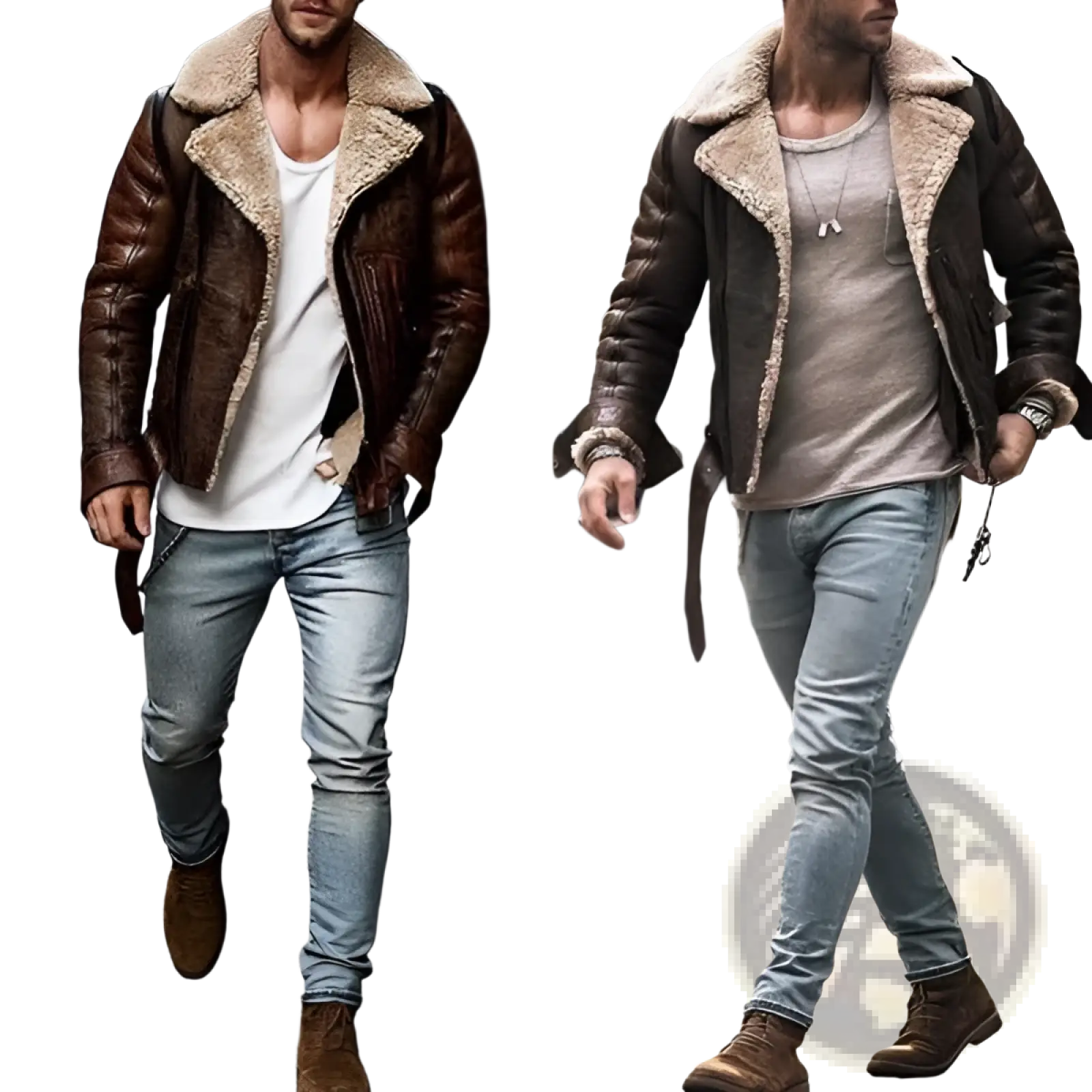 Men’s brown leather shearling bomber jacket with plush light beige shearling collar and lining for warmth