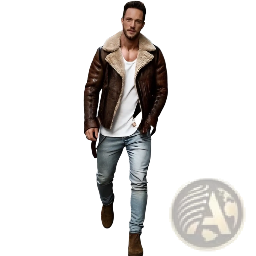 Men’s brown leather bomber jacket with plush light beige shearling collar for stylish cold weather wear