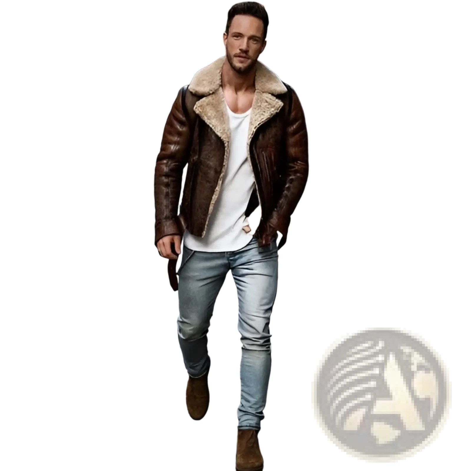 Men’s brown leather bomber jacket with plush light beige shearling collar for stylish cold weather wear