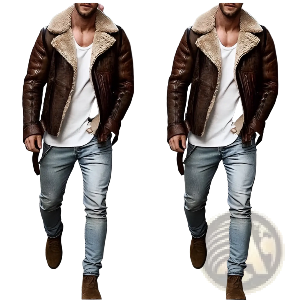 Men’s brown leather shearling bomber jacket with plush tan fleece lining for warmth and style