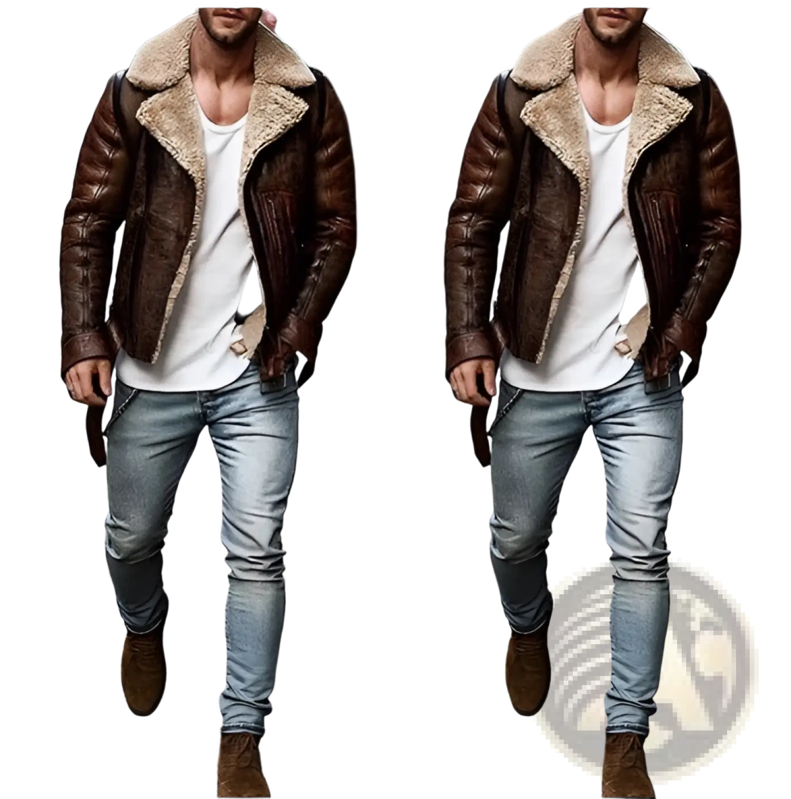 Men’s brown leather shearling bomber jacket with plush tan fleece lining for warmth and style