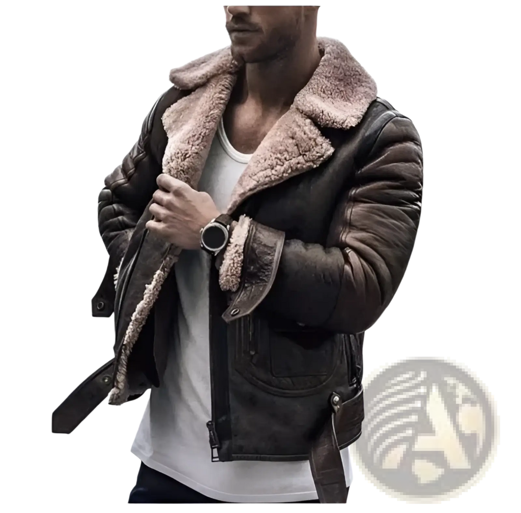 Dark brown leather men’s bomber jacket with plush light tan shearling collar and cuffs for winter wear