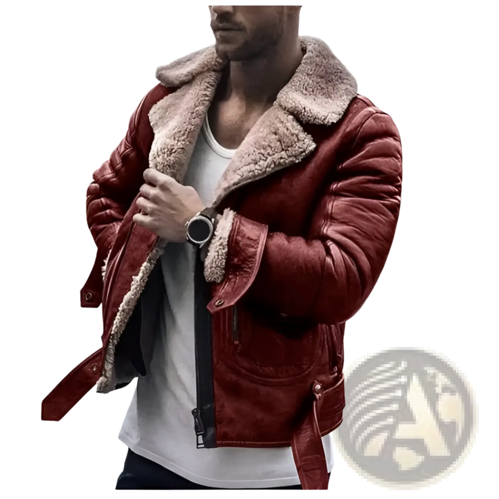 Men’s red leather shearling bomber jacket with plush beige lining for warmth and style