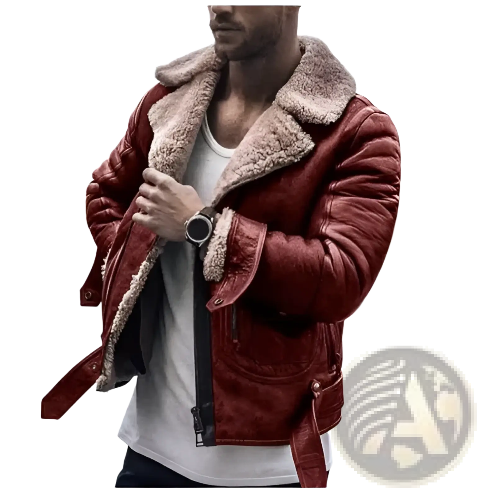 Men’s red leather shearling bomber jacket with plush beige lining for warmth and style