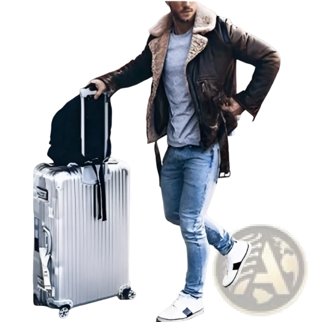 Silver aluminum suitcase with sleek ribbed design and black retractable handle for men’s leather shearling bomber jacket travelers