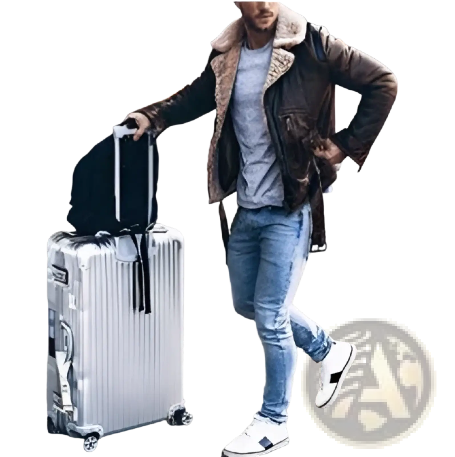 Silver aluminum suitcase with sleek ribbed design and black retractable handle for men’s leather shearling bomber jacket travelers