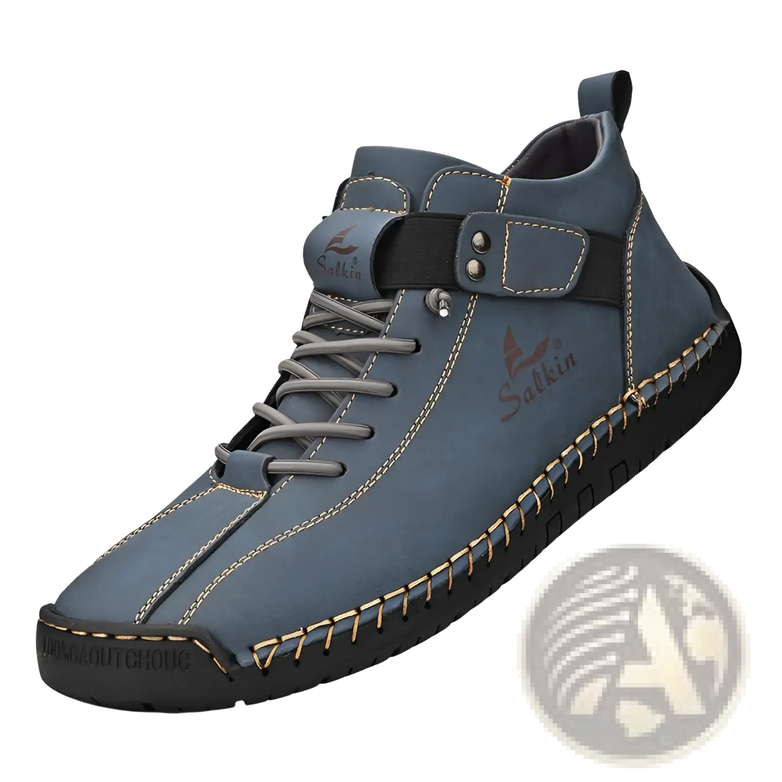 Men’s handmade blue leather salkin ankle boots with gray laces and gold stitching plus size shoes