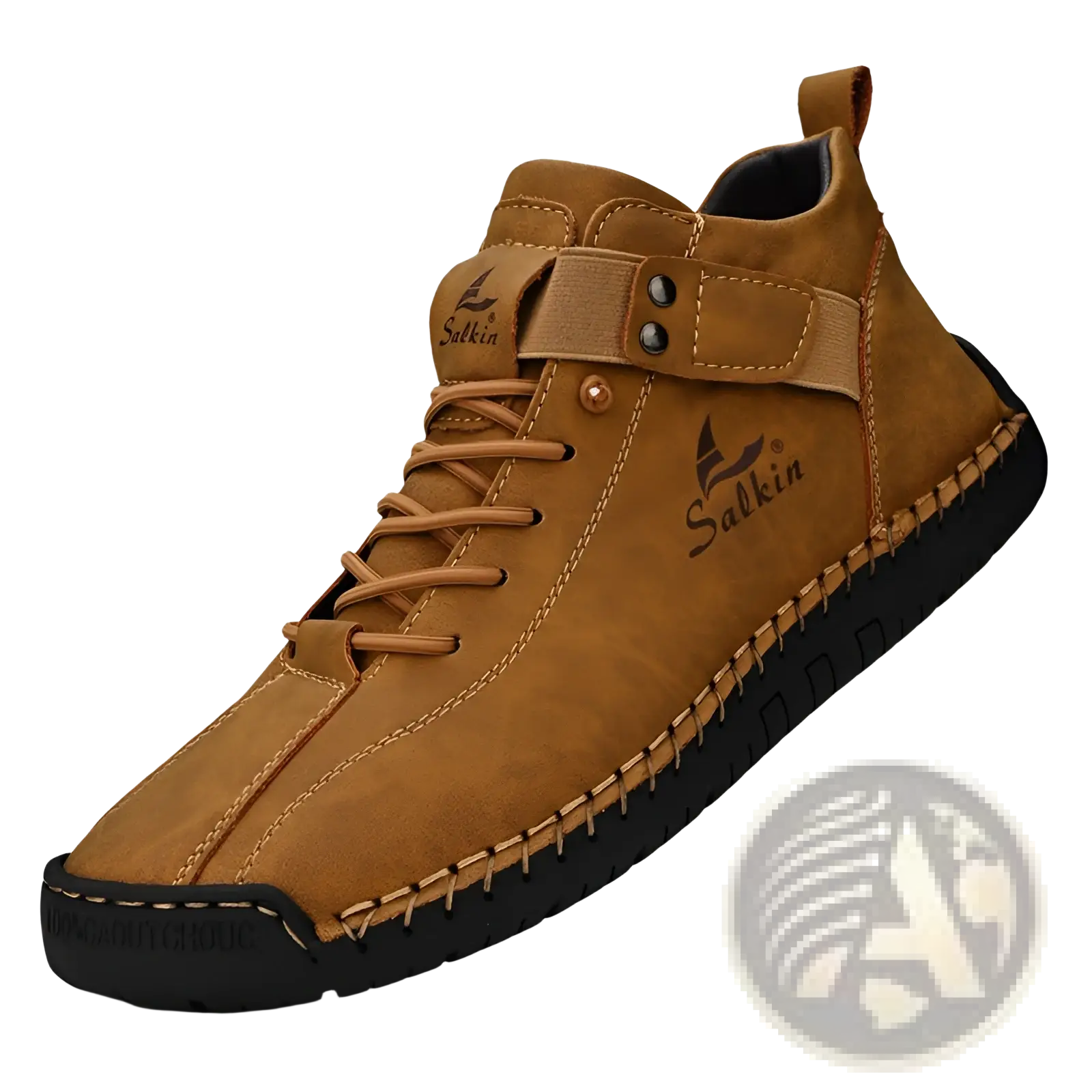 Men’s leather salkin high-top boots in tan suede with black rubber sole and visible stitching in plus sizes