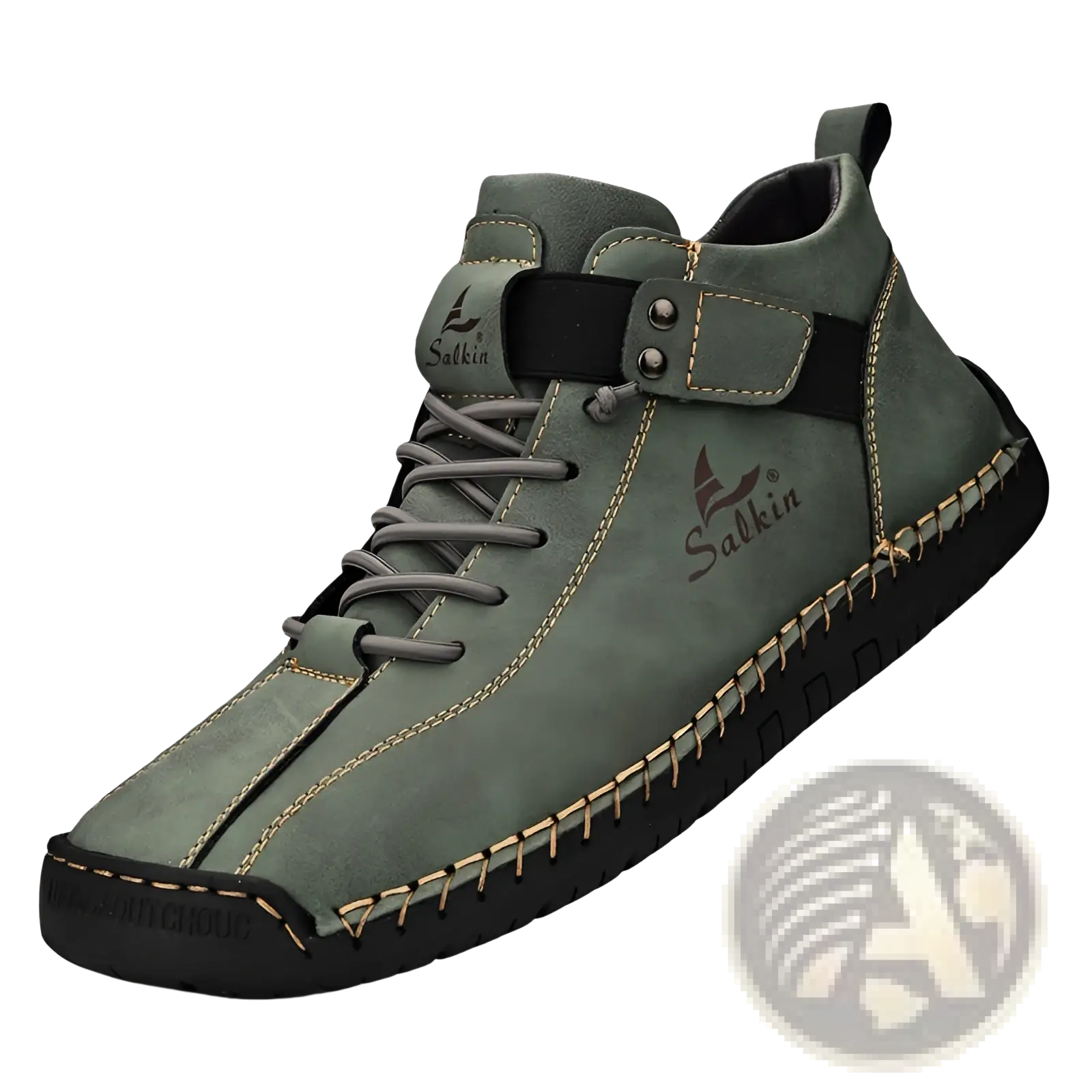Olive green suede high-top men’s leather shoes with black accents and visible stitching handmade salkin boots