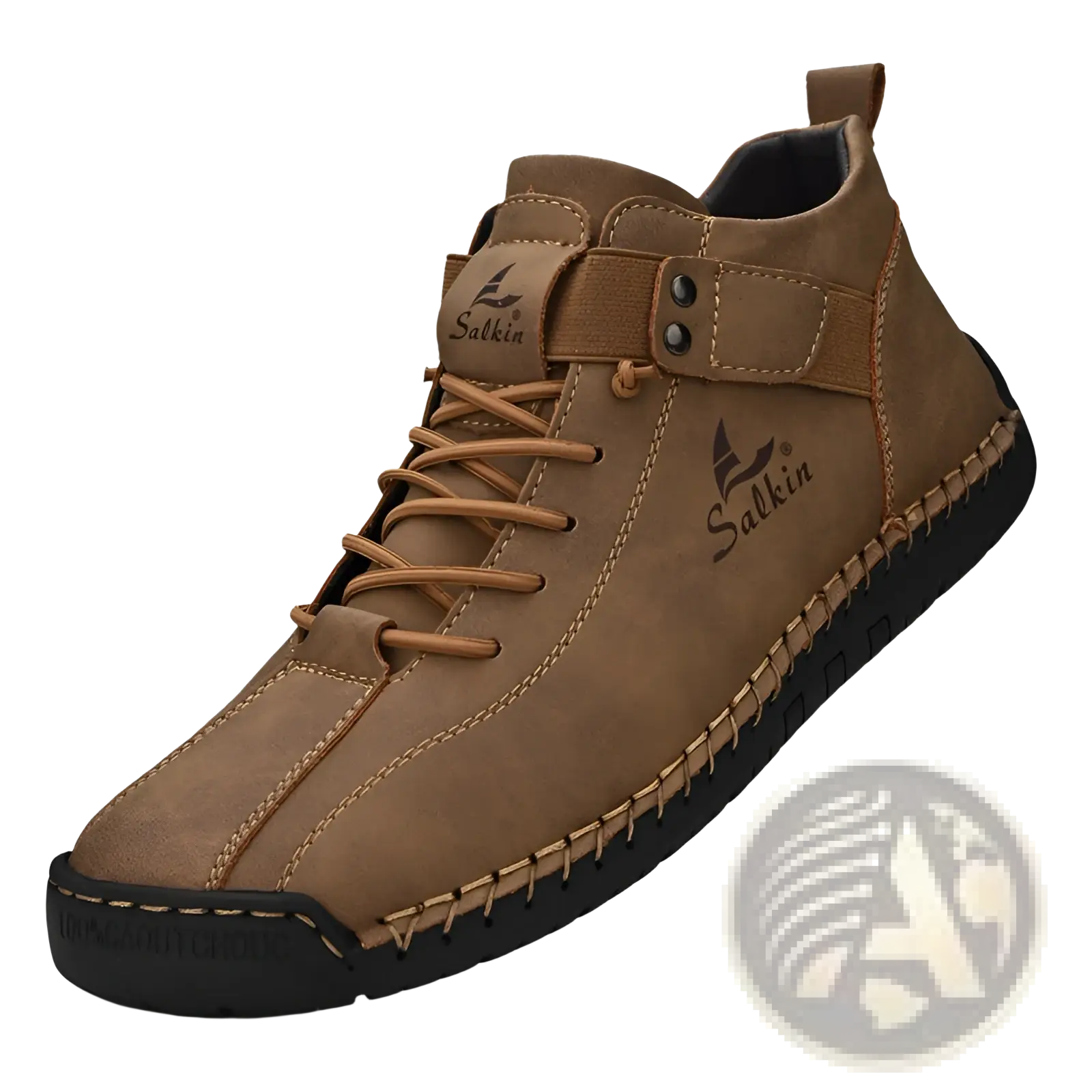 Men’s leather salkin high-top sneaker in brown with tan laces and black rubber sole handmade for plus size use