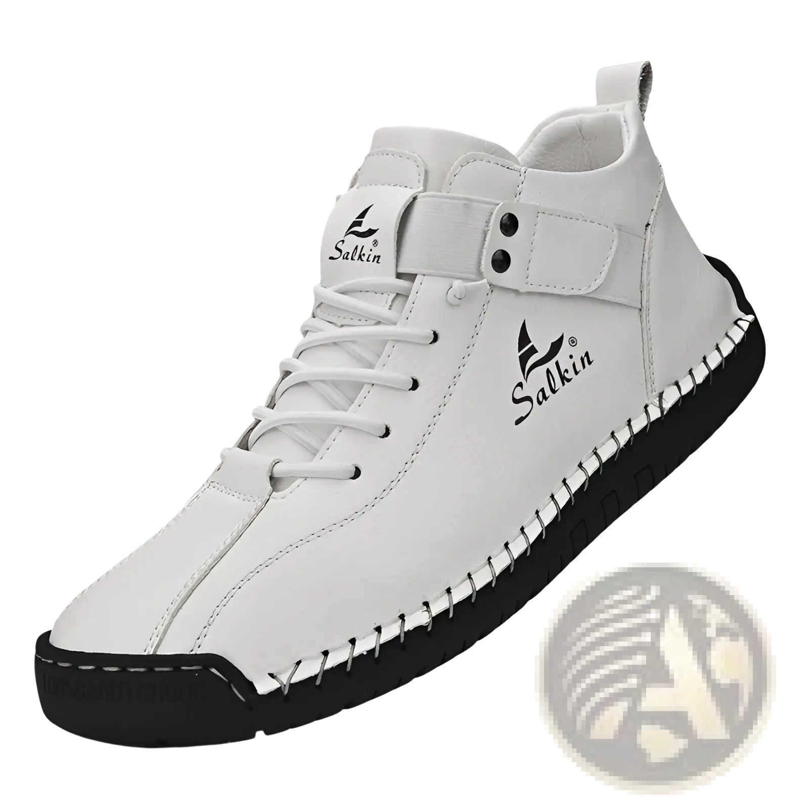Men’s handmade white salkin high-top leather sneaker with black rubber sole and contrasting white stitching