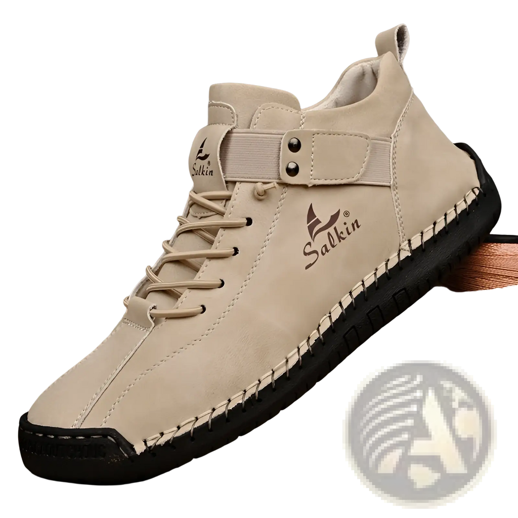 Beige salkin men’s ankle boot with suede upper black rubber sole and visible stitching in plus size handmade leather shoes