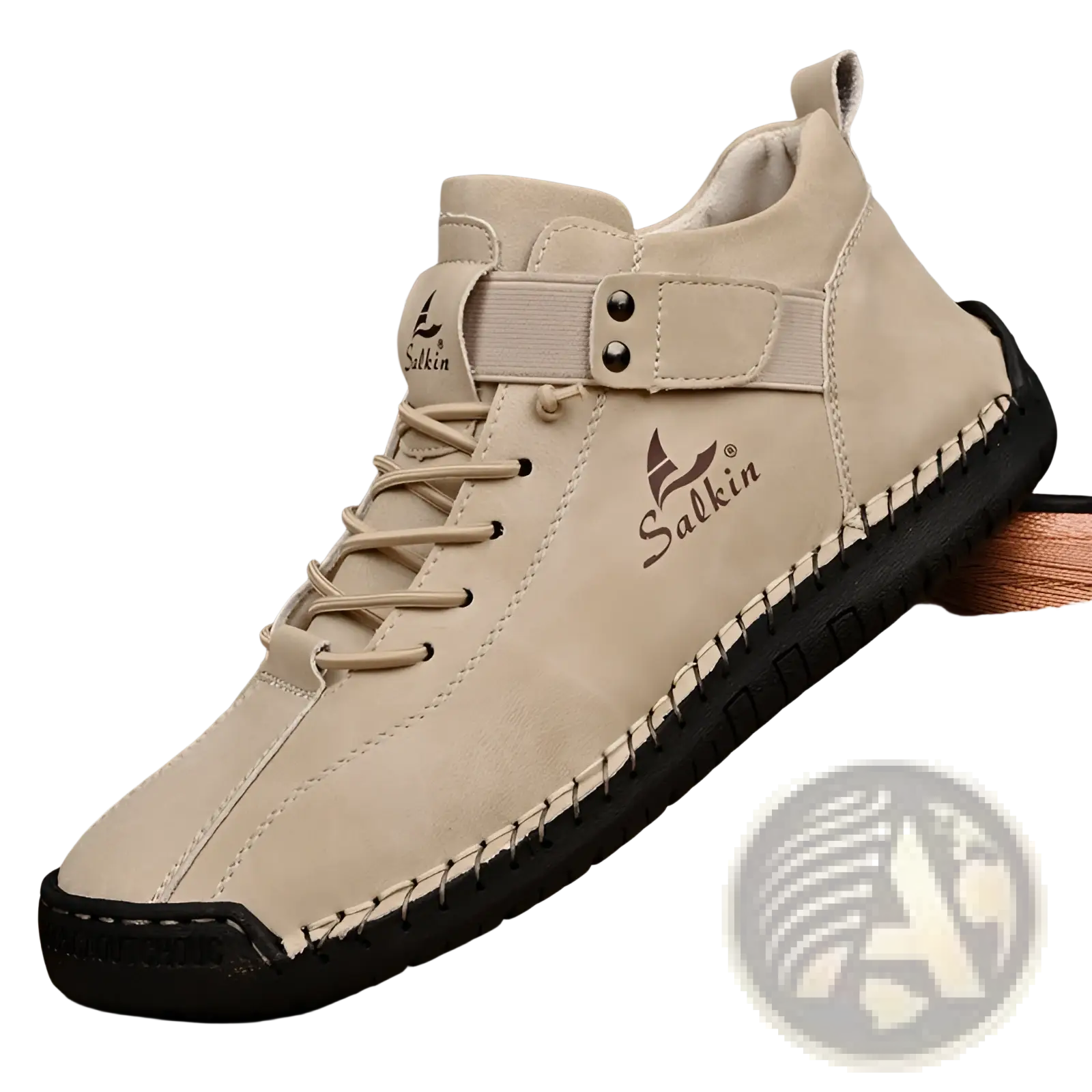Beige salkin men’s ankle boot with suede upper black rubber sole and visible stitching in plus size handmade leather shoes