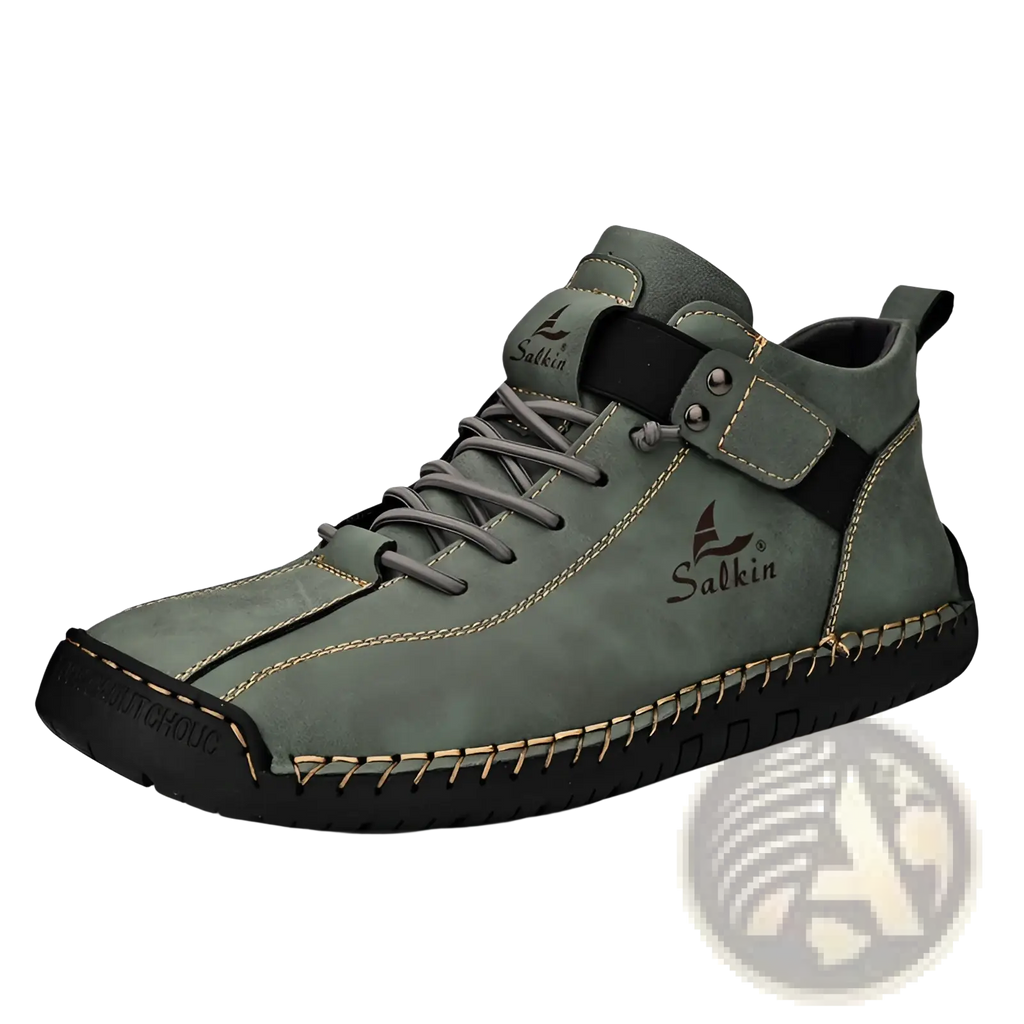 Men’s leather plus size handmade Salkin high-top boots in olive green suede with black accents and tan stitching
