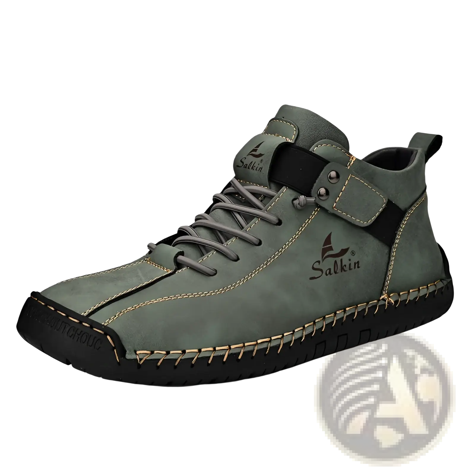 Men’s leather plus size handmade Salkin high-top boots in olive green suede with black accents and tan stitching