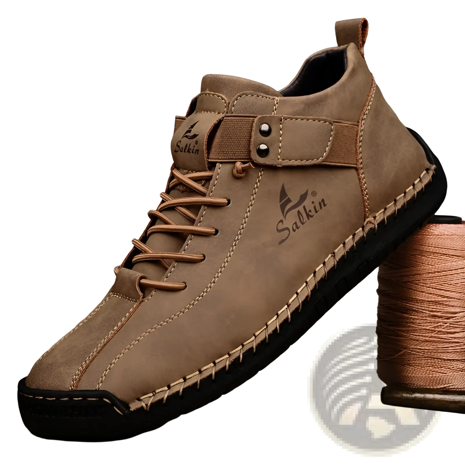 Men’s leather plus size salkin ankle boot with tan suede upper black rubber sole and matching laces visible from back side