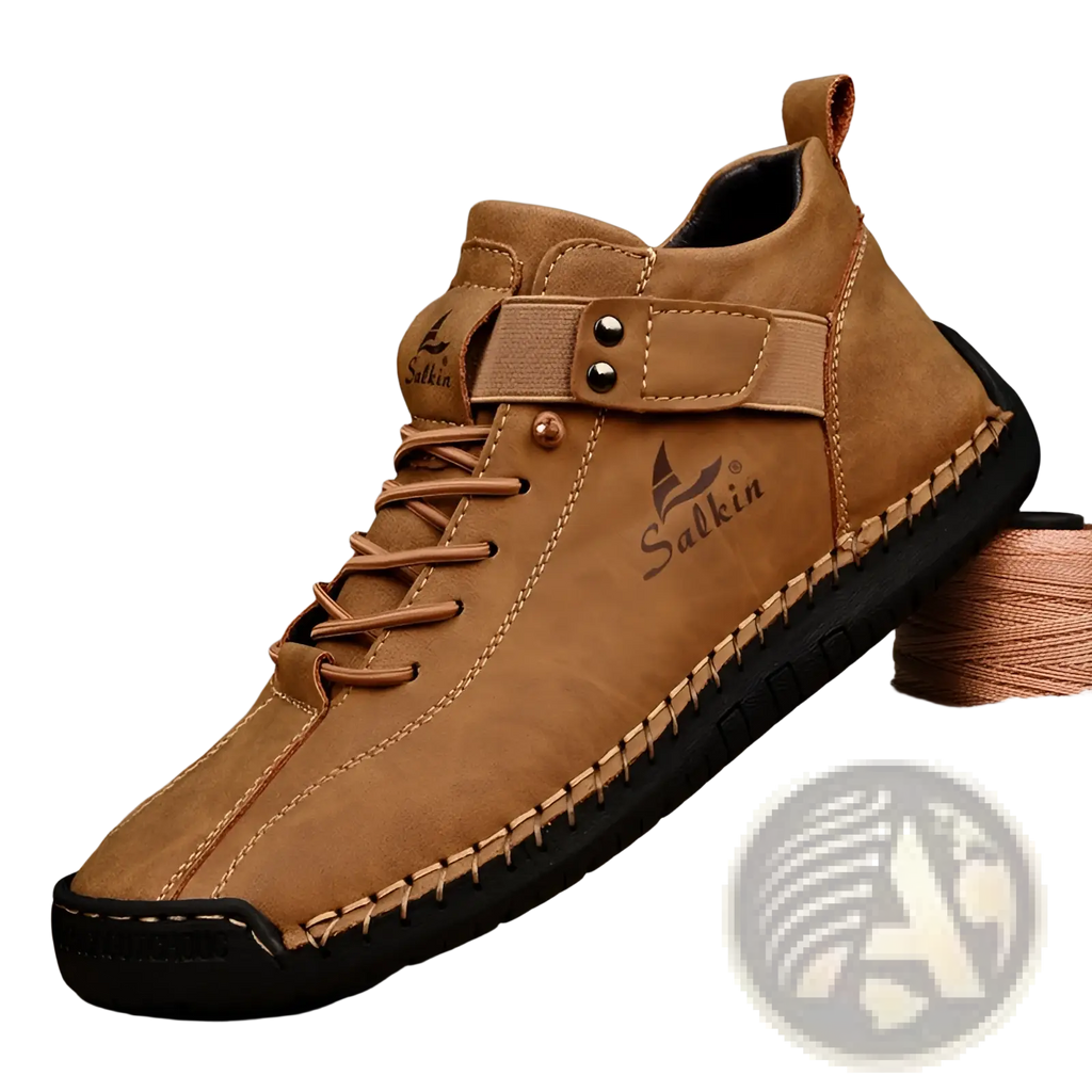 Tan suede mens leather salkin ankle boot with black rubber sole and visible stitching handmade plus size shoes