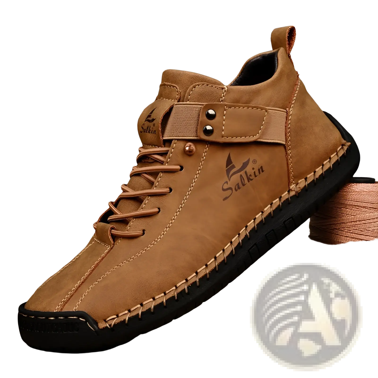 Tan suede mens leather salkin ankle boot with black rubber sole and visible stitching handmade plus size shoes
