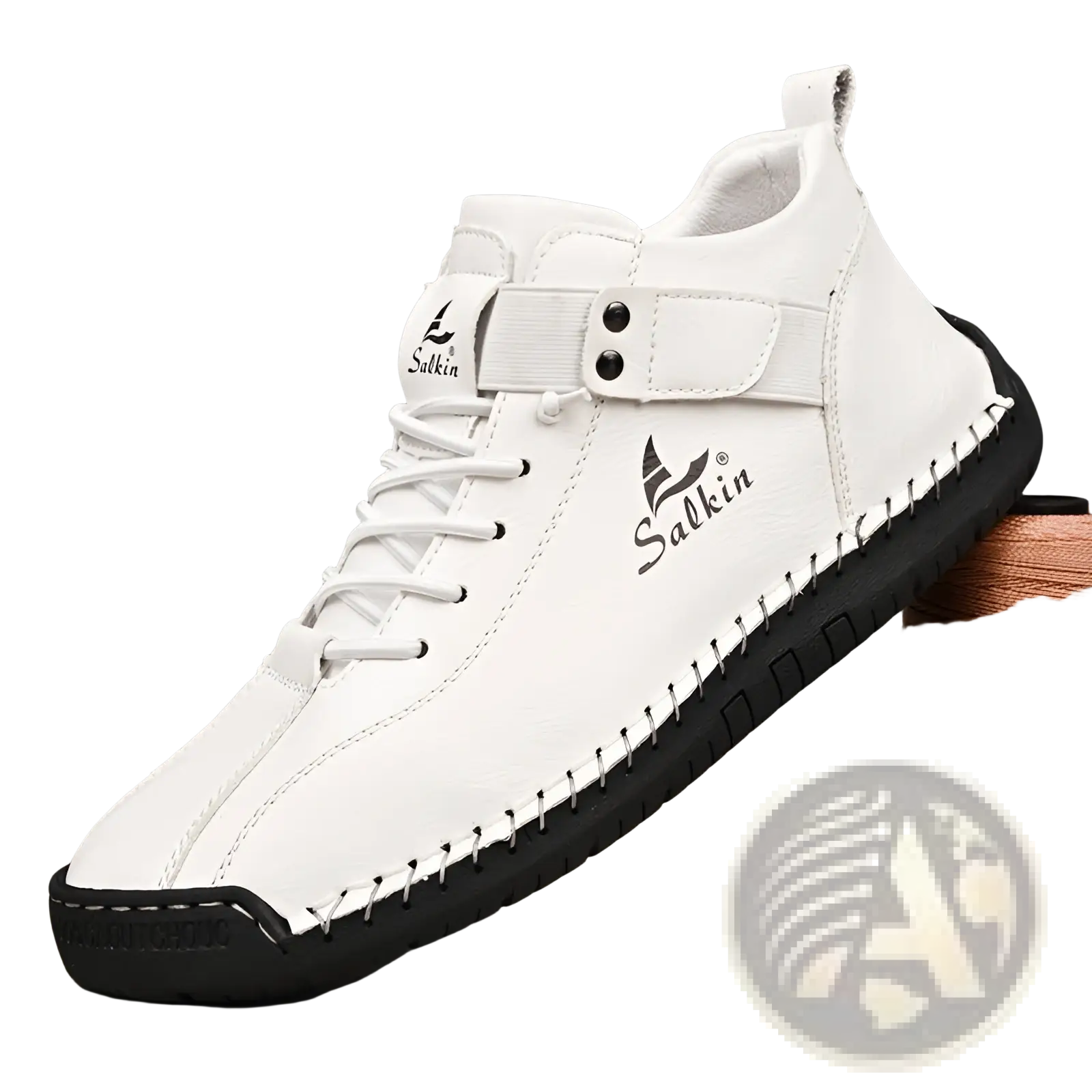Men’s white salkin high-top leather sneaker with black rubber sole and stitched detailing handmade plus size boots