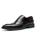 Men’s black leather brogue oxford shoes with rubber sole featuring polished finish and detailed stitching