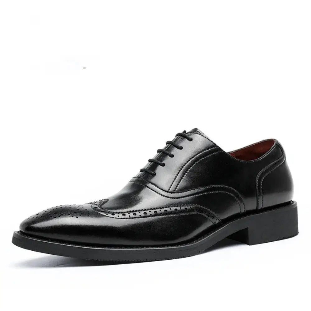 Men’s black leather brogue oxford shoes with rubber sole featuring polished finish and detailed stitching