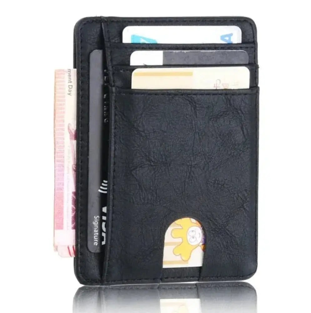 Men’s slim rfid blocking black textured leather wallet with multiple card slots and yellow cartoon character patch