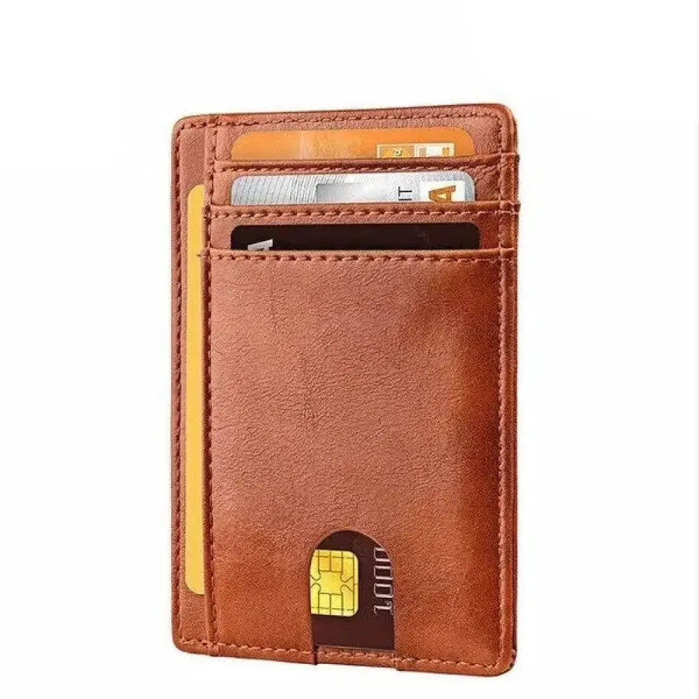 Men’s slim brown leather wallet with multiple card slots and rfid-blocking chip cutout for enhanced security