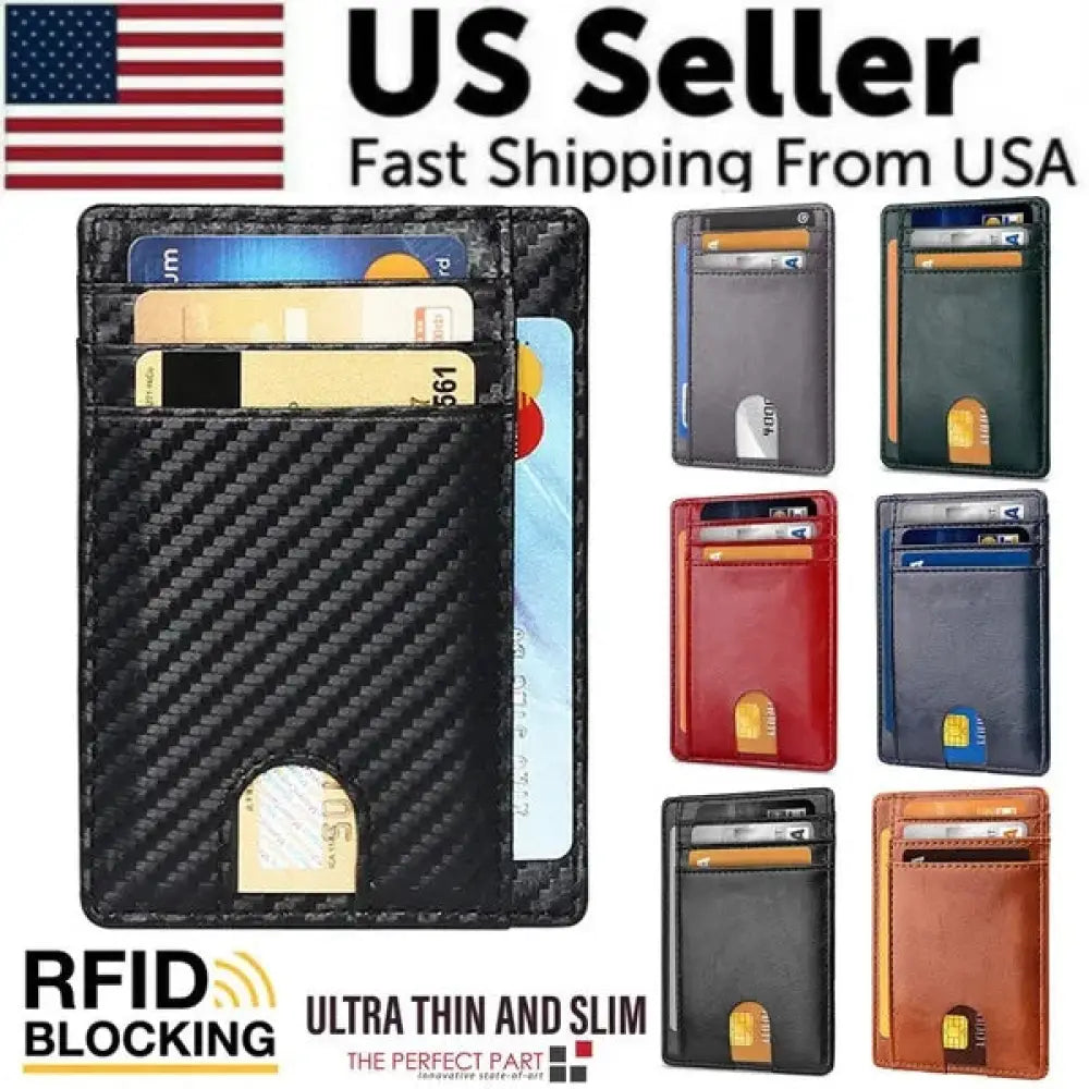 Black carbon fiber textured men’s slim RFID blocking leather wallet with multiple card slots and ID cash slot