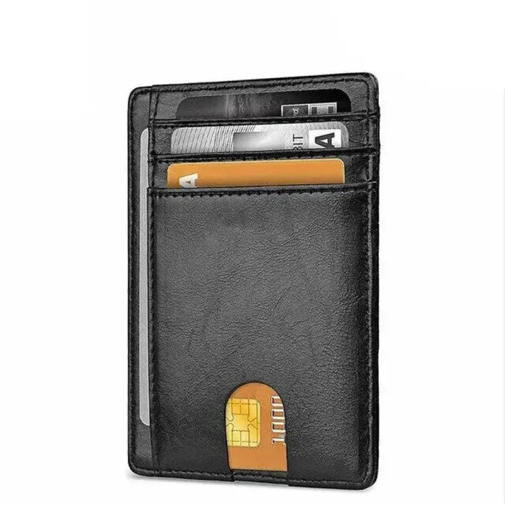 Men’s slim RFID blocking textured black leather wallet with multiple card slots and an orange sim card slot