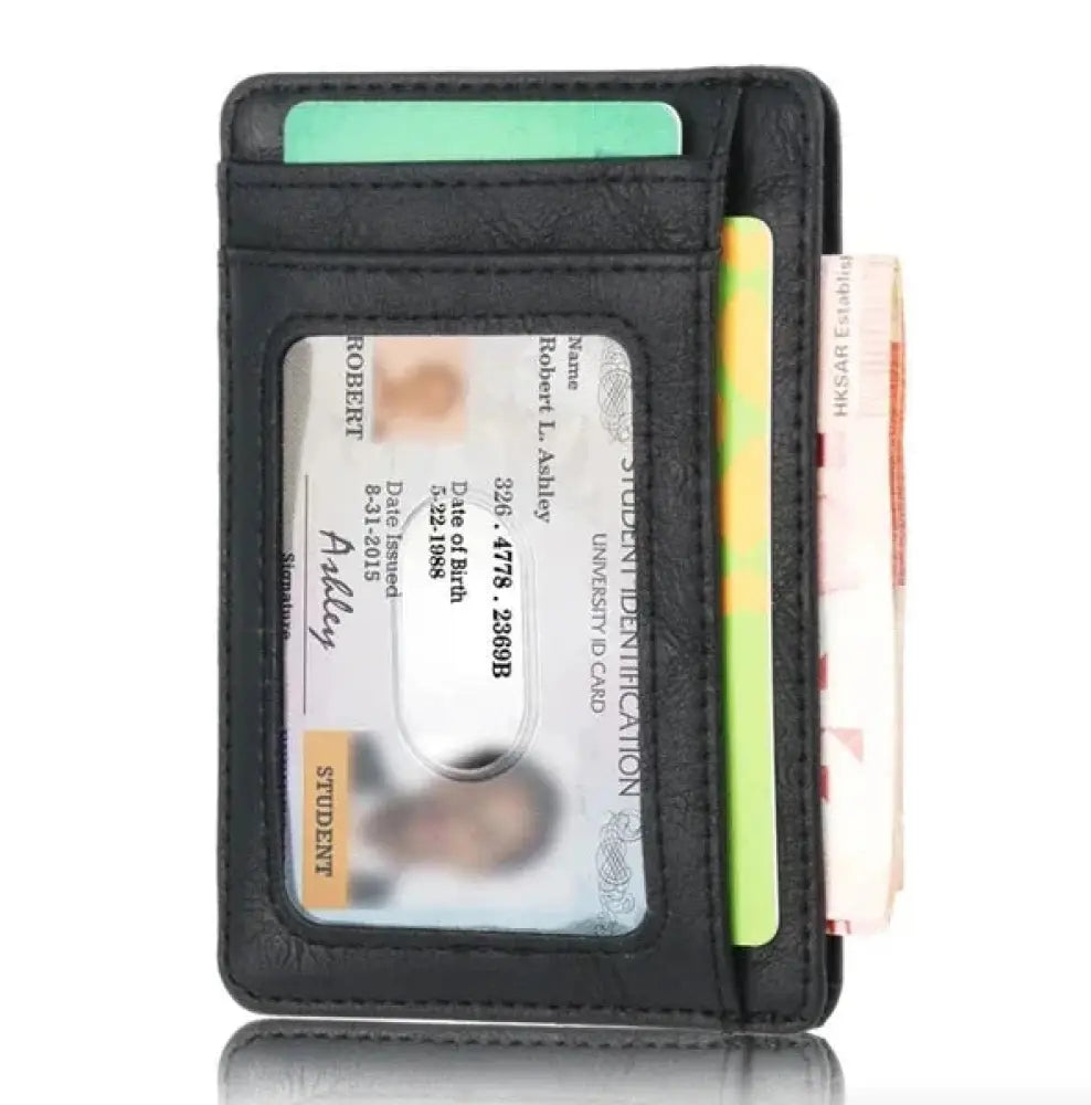 Men’s slim rfid blocking textured black leather wallet with clear id window holding student identification card