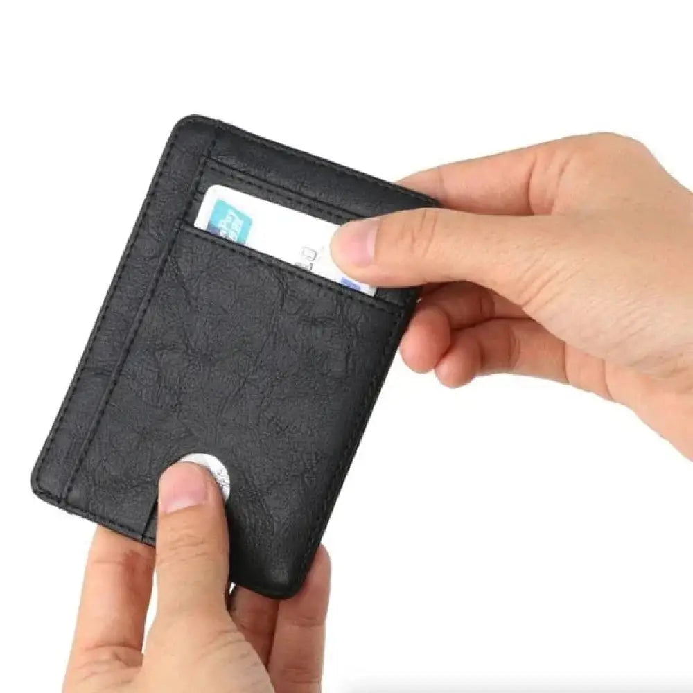 Black textured leather men’s slim rfid blocking wallet with magnetic closure and card slots