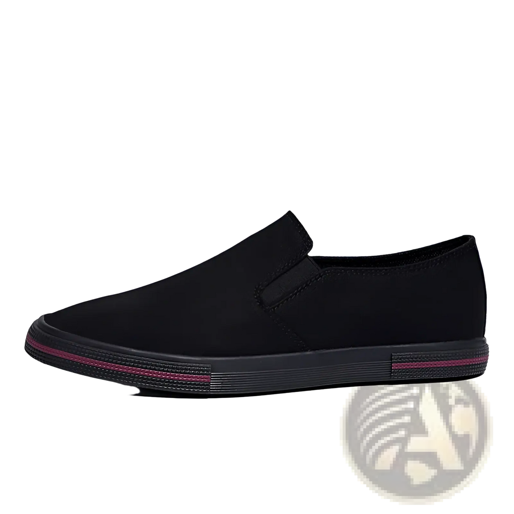 Men’s leather slip-on casual fashion sneaker in black canvas with a subtle magenta stripe along the sole