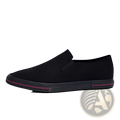 Men’s leather slip-on casual fashion sneaker in black canvas with a subtle magenta stripe along the sole