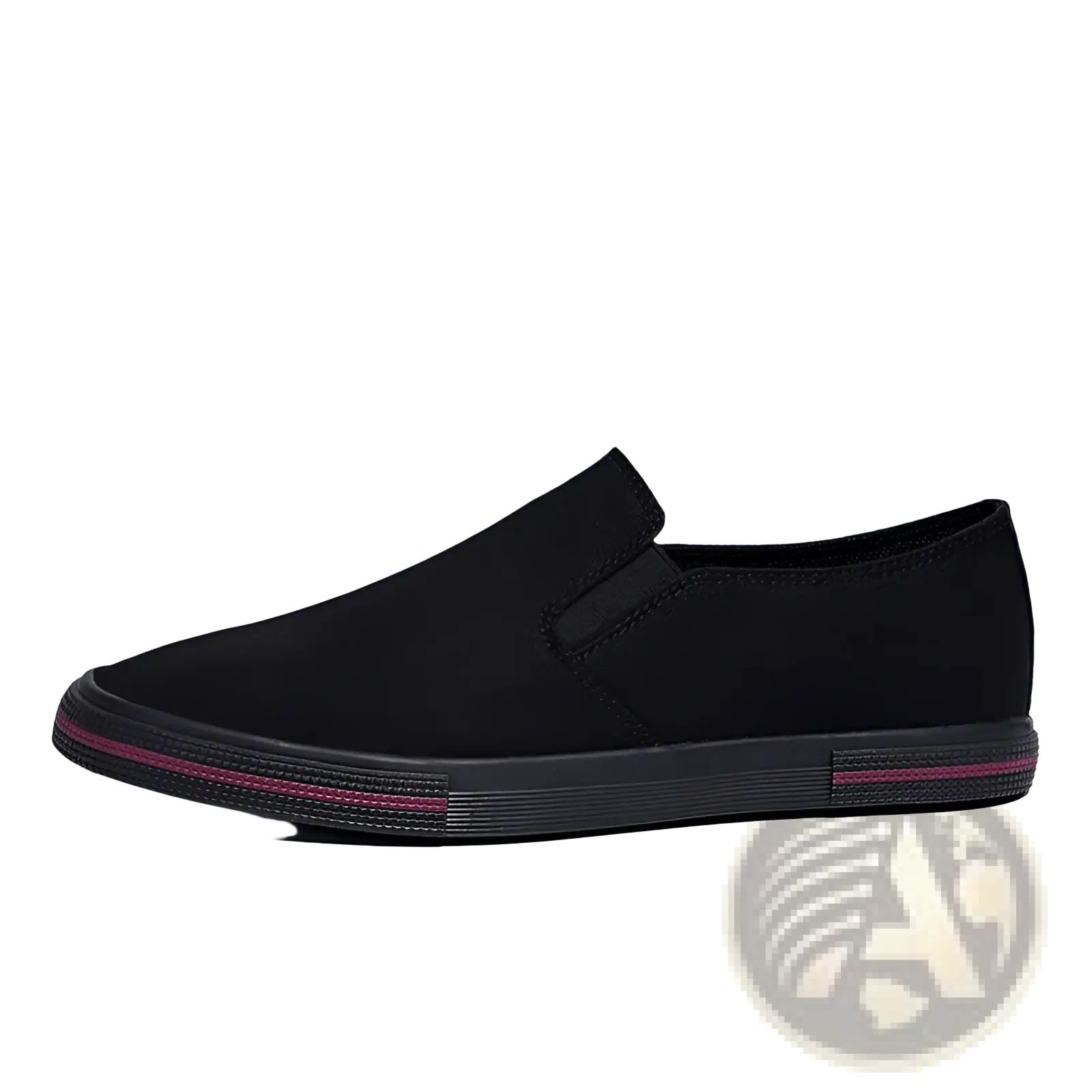 Men’s leather slip-on casual fashion sneaker in black canvas with a subtle magenta stripe along the sole