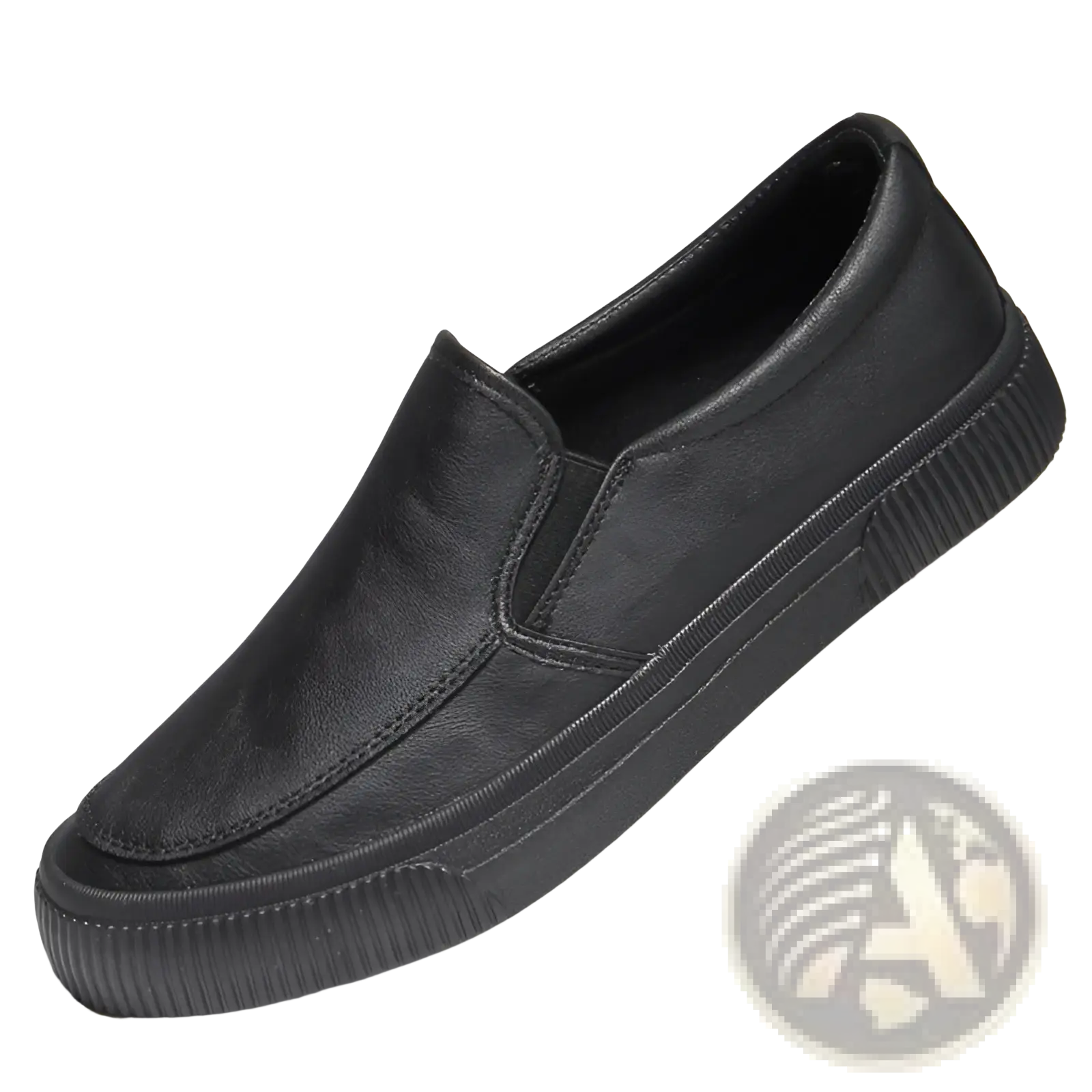 Men’s black leather slip-on casual fashion sneaker with textured rubber sole and subtle stitching details