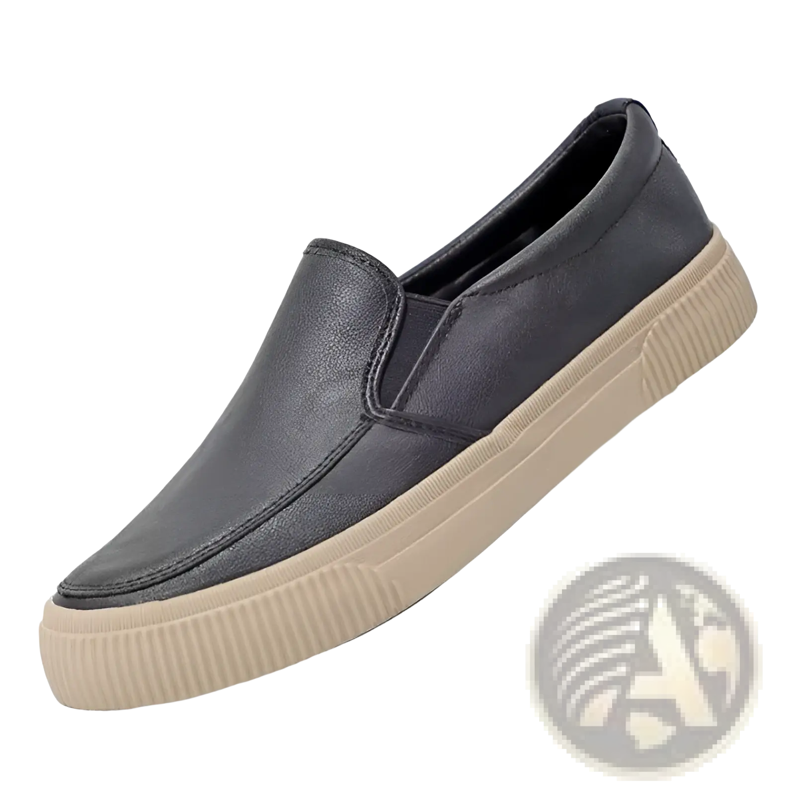 Men’s leather slip-on casual fashion sneaker in dark gray with beige rubber sole and visible stitching details
