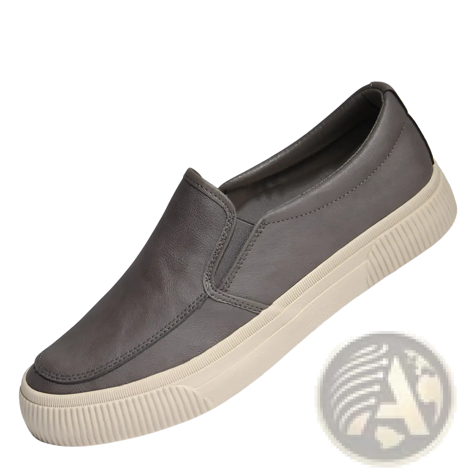 Men’s leather slip-on casual fashion sneaker in gray suede with cream-colored rubber sole for everyday wear