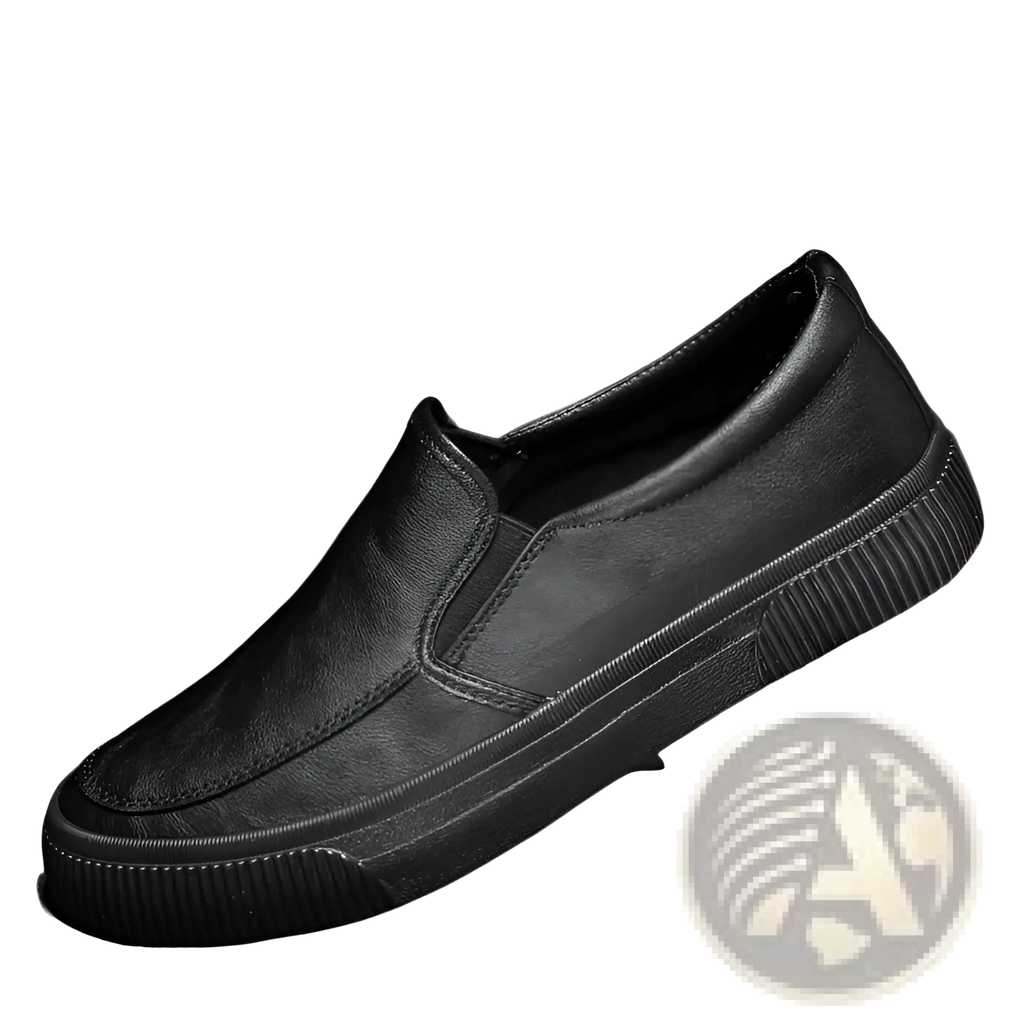 Men’s black leather slip-on casual sneaker with textured upper and ribbed rubber sole for everyday wear