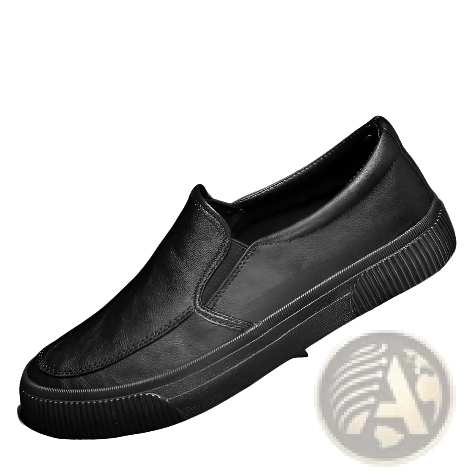Men’s black leather slip-on casual sneaker with textured upper and ribbed rubber sole for everyday wear