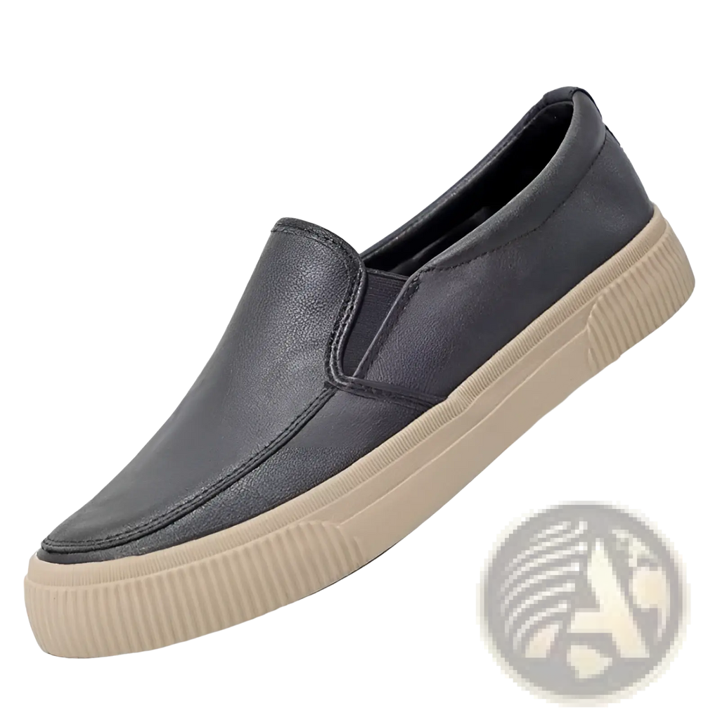 Men’s leather slip-on casual sneaker in dark gray with textured upper and beige rubber sole for everyday wear