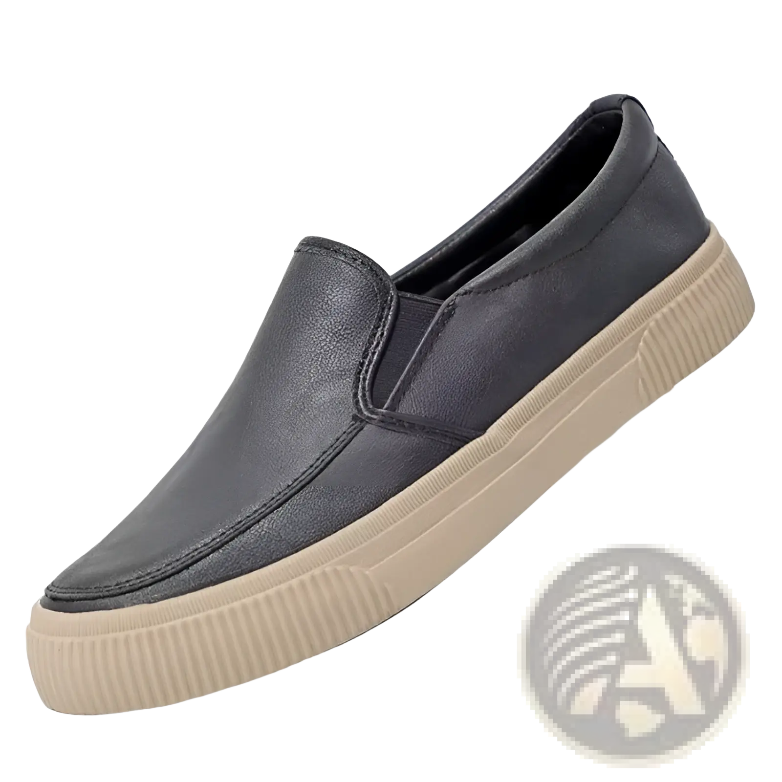 Men’s leather slip-on casual sneaker in dark gray with textured upper and beige rubber sole for everyday wear